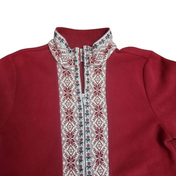 L.L. Bean Red Fleece Womens Medium Red Fair Isle Full Zip Jacket Sweater - Picture 7 of 9
